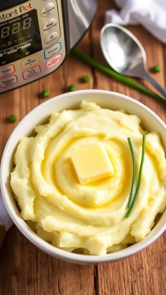 A bowl of creamy mashed potatoes with butter and chives, served on a rustic table.